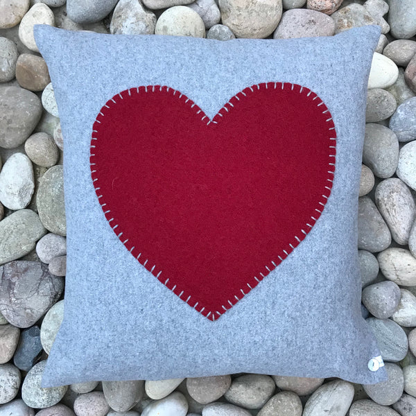 SOLD OUT! Red Heart on light Grey Wool Cushion